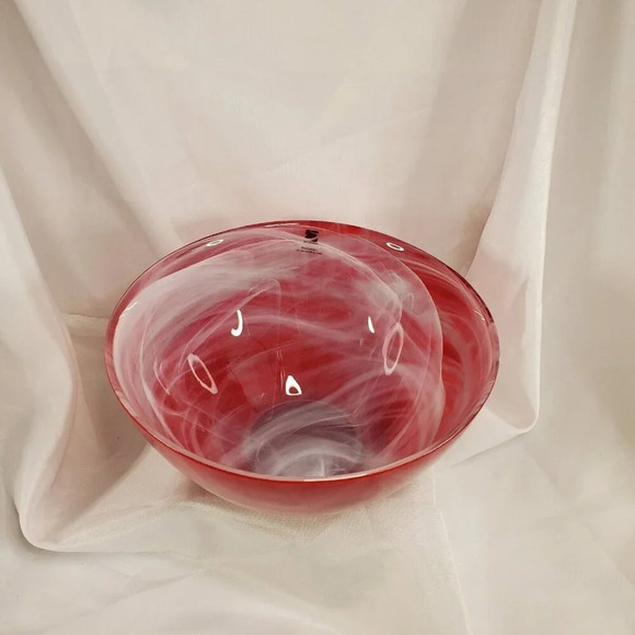 SEA Glasbruk Kosta Boda Sweden Art Glass Blown Bowl Red W/ White Smoke Painted - Picture 2 of 12